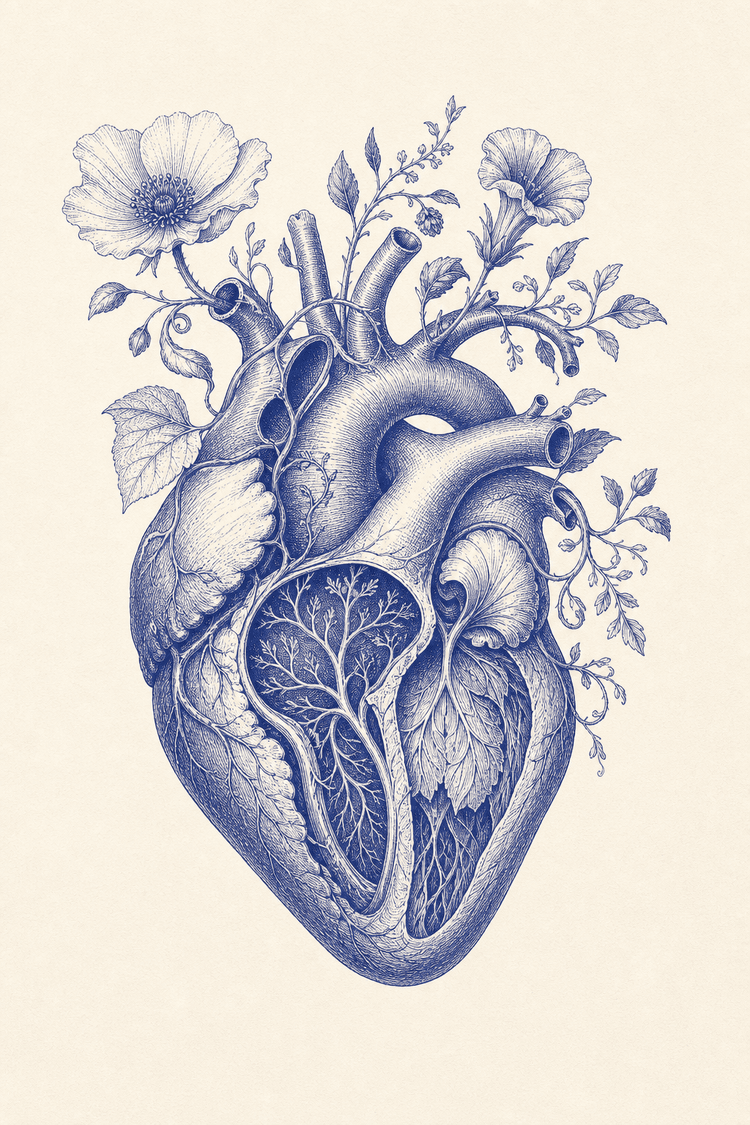 Copperplate engraving of a heart in botanical bloom